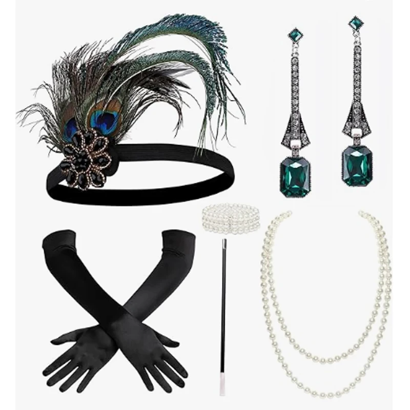 

1920s Flapper Accessories Gatsby Costume Accessories Set 20s Flapper Headband Pearl Necklace Gloves Plastic Holder