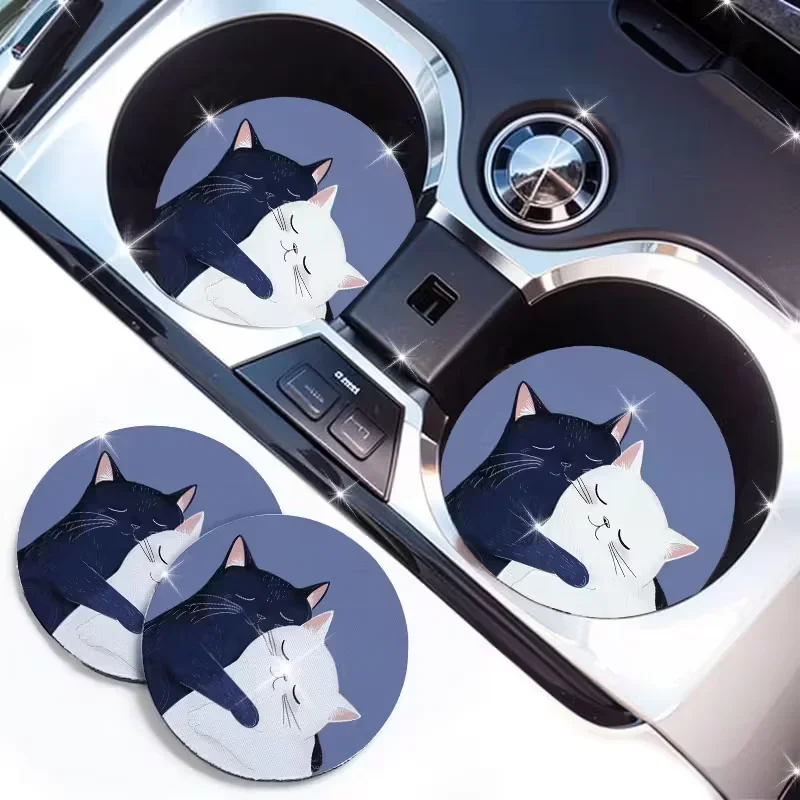 2PCS Blue Hug Cat Car Cup Holder Mat, Anti-Slip Bottle Stand for Vehicle Interior