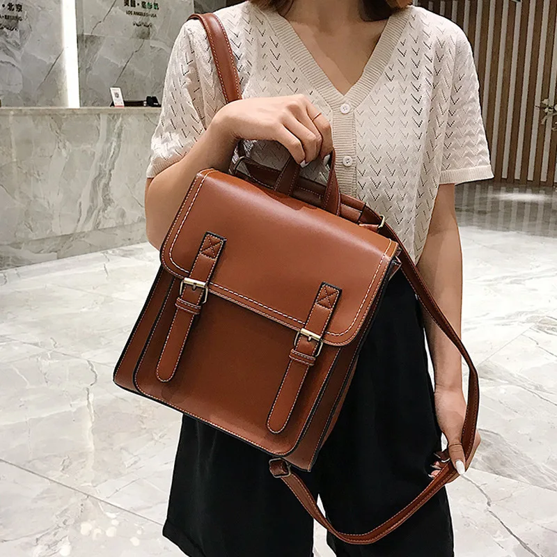 Preppie Style Women Backpack Pu Leather Shoulder Bag Multi-Function Female Backpack Vintage School Bag for Girls Leisure Bag Sac