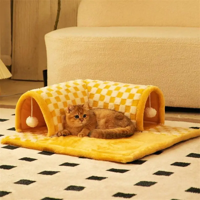 Cat Bed With Tunnel 2-in-1 Checkered Tunnel Bed With Fluffy Toy Ball Foldable Soft Cat Cave Tube Detachable Stylish Pet Play