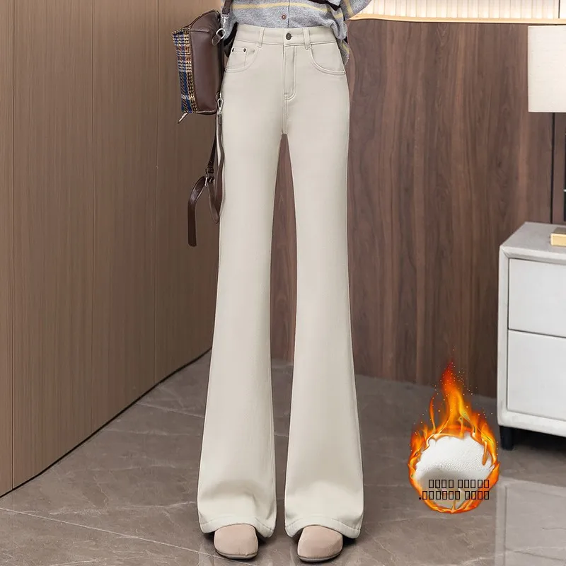 

Джинсы женские с высокой талией, на подкладке, с легким расклешением, осенне-зимние, новые, стройнящие, удлиняющие ноги, длиной 7/8