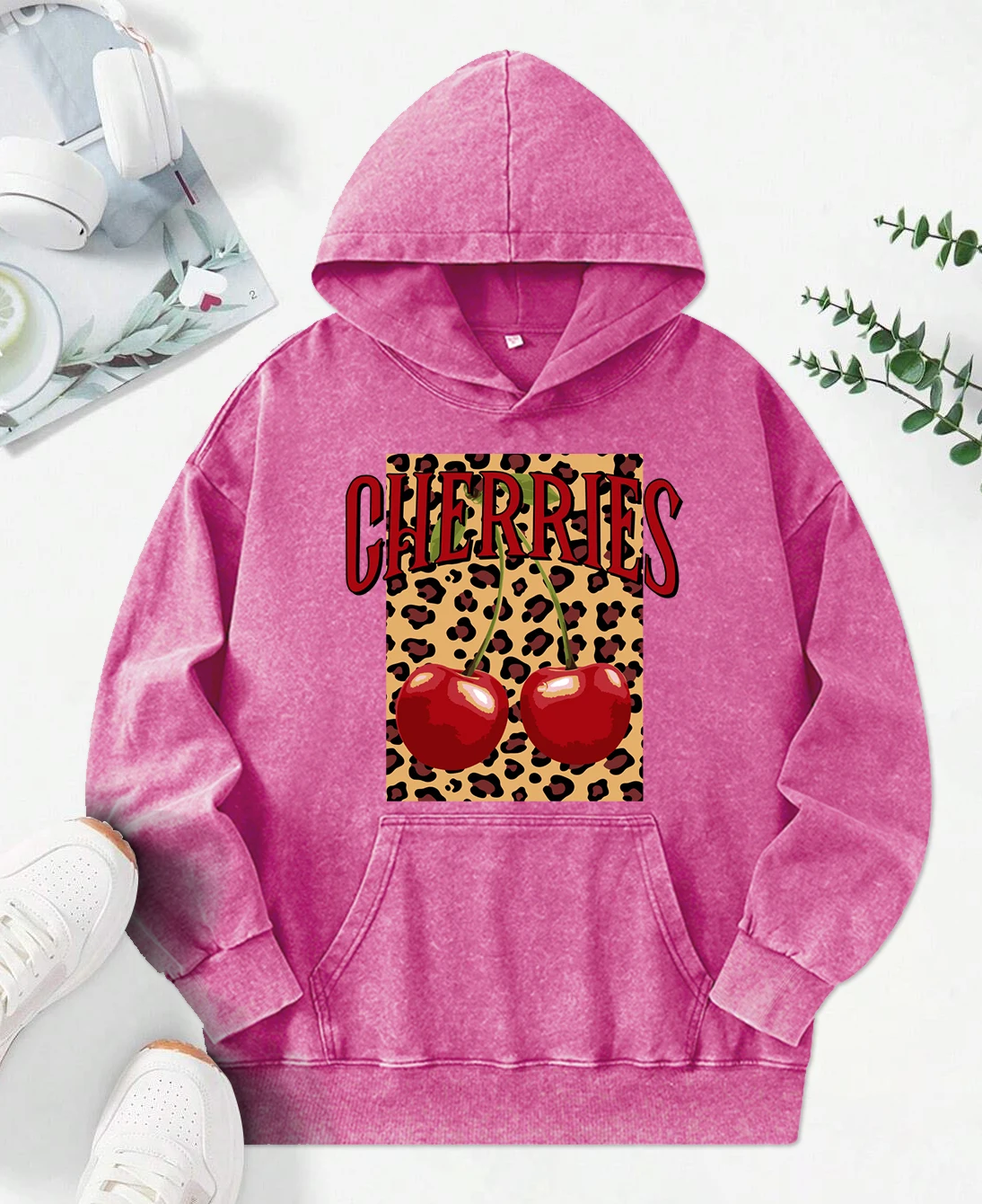 Leopard Cherry Creative Printing Women Washed Hoodie Loose Fashion Streetwear Autumn Multicolor Hoody Hip Hop Cotton Pullover