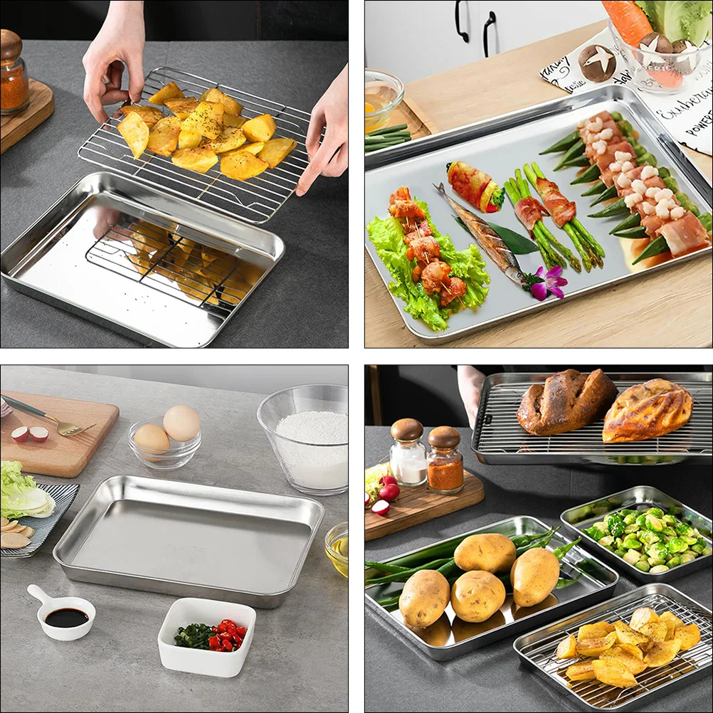 

2 Sets Lie Net Tray Fried Food Draining Rack Non-slip Stainless Baking Pan Oven Pans Steel for