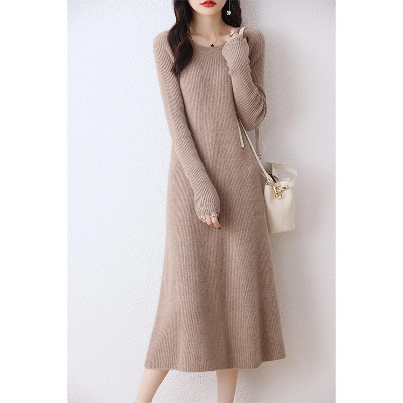 Autumn Winter New Women High Elasticity Slim Dress 100% Merino Wool Warm Sweater Dress Basic Knit Pullover Female Casual Dresses