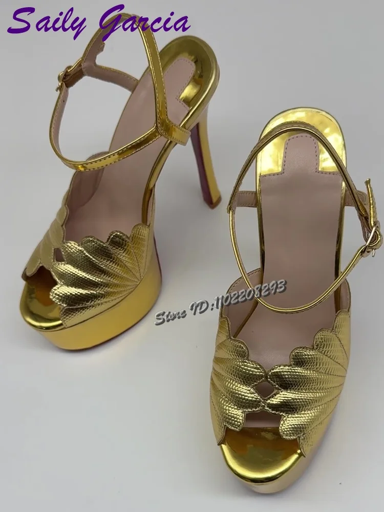 

Golden Shell Stiletto Sandals Solid Peep Toe Platform Buckle Strap Pumps 2025 Summer Women New Fashion 15cm High Heels Shoes
