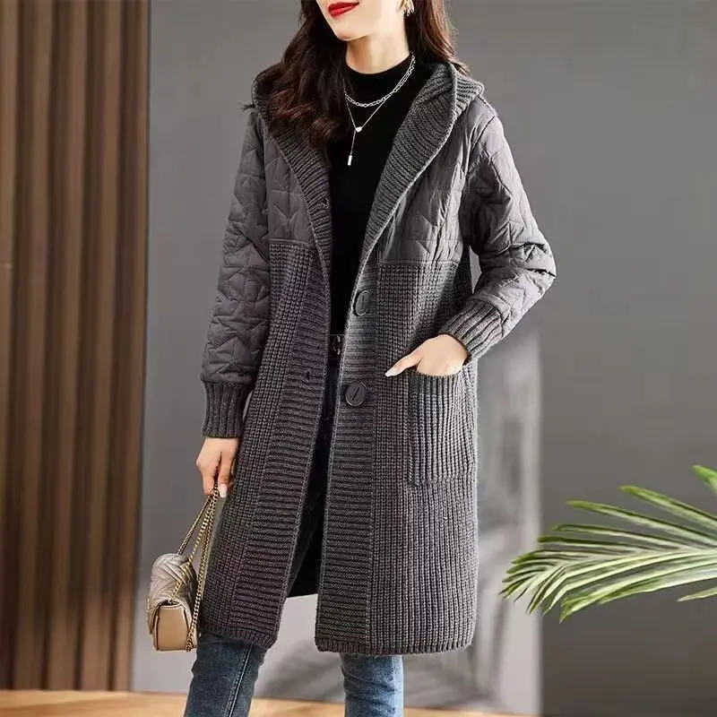 Women\'s Cardigan Coat Autumn Winter Patchwork Pockets Solid V-neck Long Sleeved Knitted Sweater Jacket Fashion Casual Lady Tops