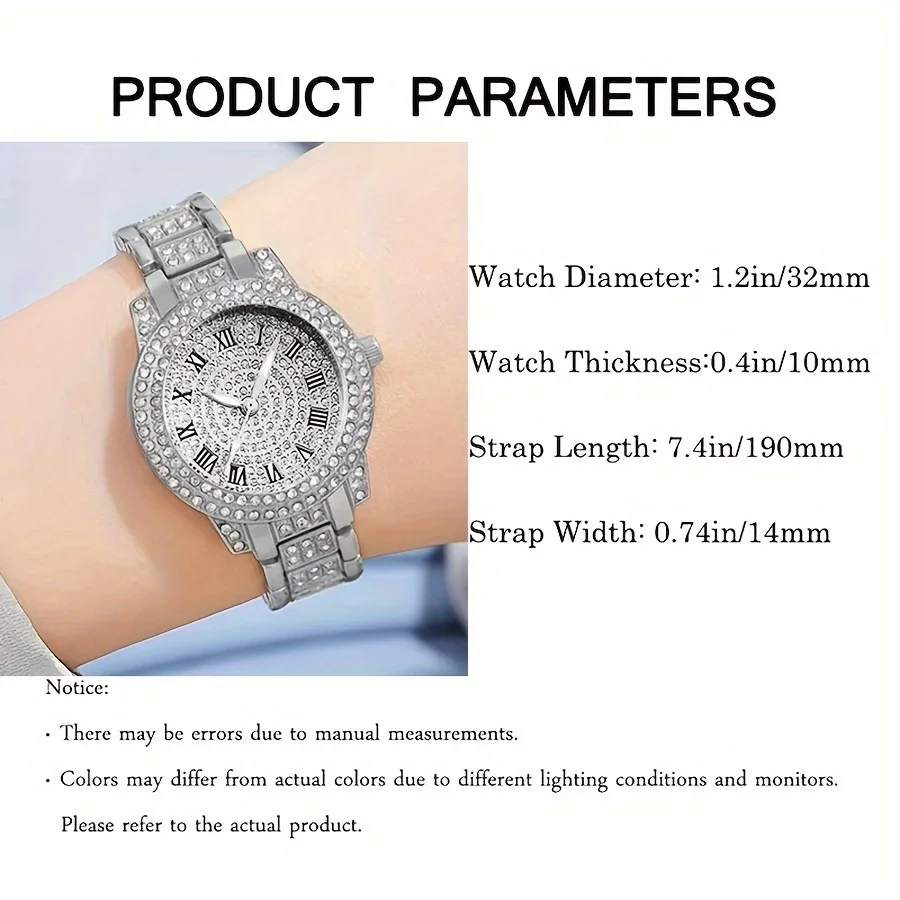 6pcs/set Women\'s Watch Luxury Rhinestone Quartz Watch Shiny Fashion Analog Wrist Watch & Jewelry Set, Gift For Mom Her