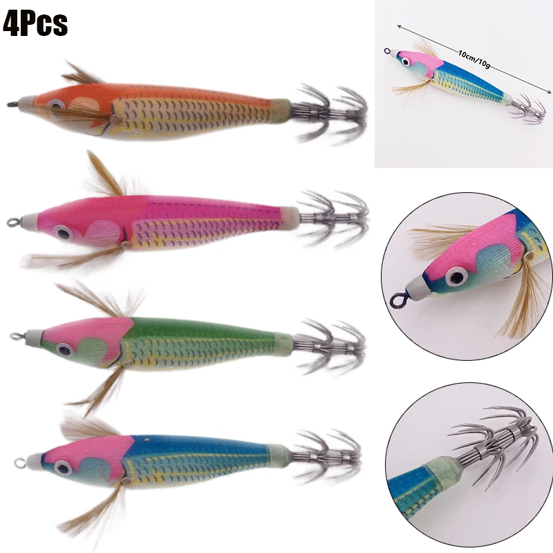 

4Pcs Fishing Lure Artificial Squid Hook Jigs Noctilucent Squid Cuttlefish Jigs Lures Spinnerbait Wood Shrimp for Sea Fishing