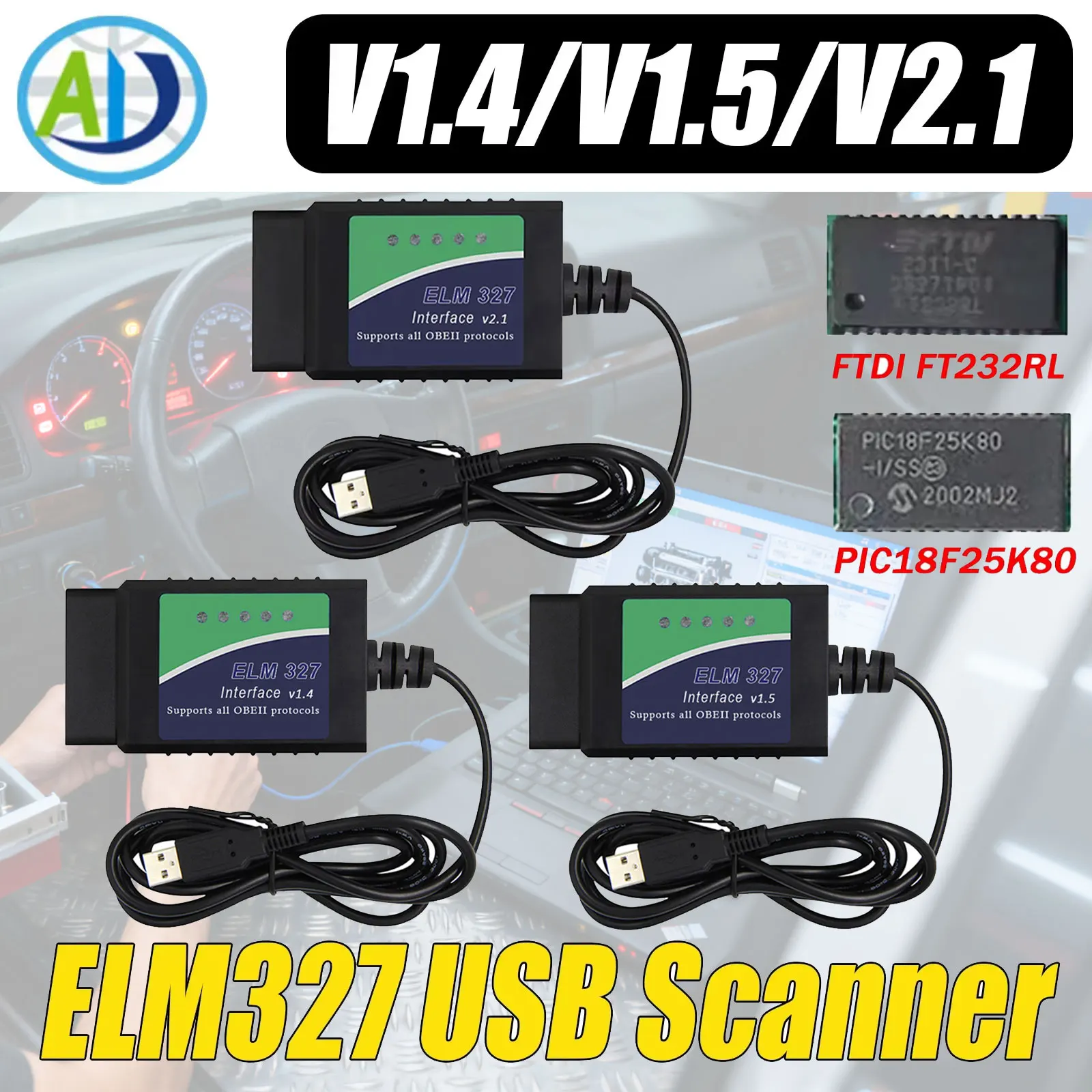 

ELM327 USB V1.4/1.5/2.1 Original PIC18F25K80 FTDI FT232RL OBD2 Diagnostic Tool For ScanTool/MultiEcuScan OBD2 Interface Scanner