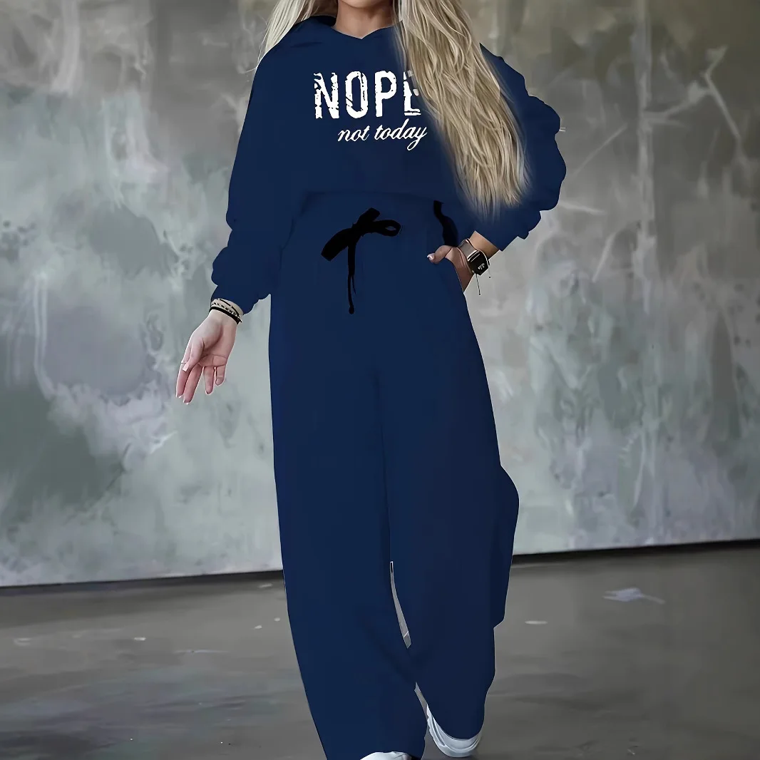 Setelan Olahraga Wanita Hoodie Sablon Huruf Warna Solid Lengan Panjang Celana Kulot Pakaian Musim Gugur Musim Dingin Wanita