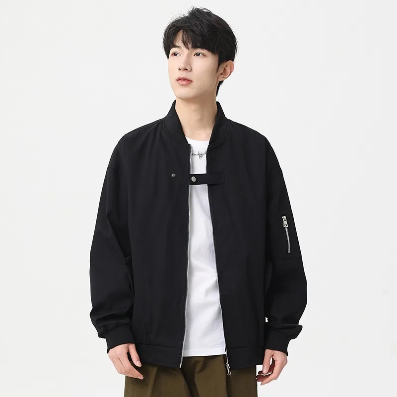 Men's Casual Korean Style Simple Stand-up Collar Button Solid Color Long-sleeved Cardigan Baseball Uniform Jacket Top