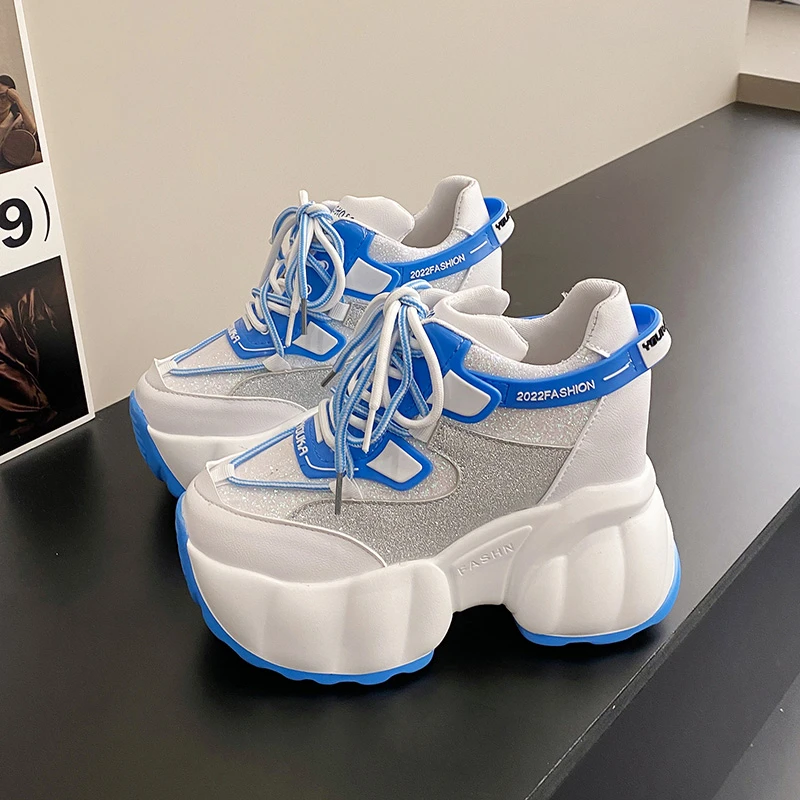 Nowych kobiet Bling Chunky Sneakers oddychająca platforma buty sportowe kobieta zasznurować grube dno obuwie 2022 Zapatillas Mujer