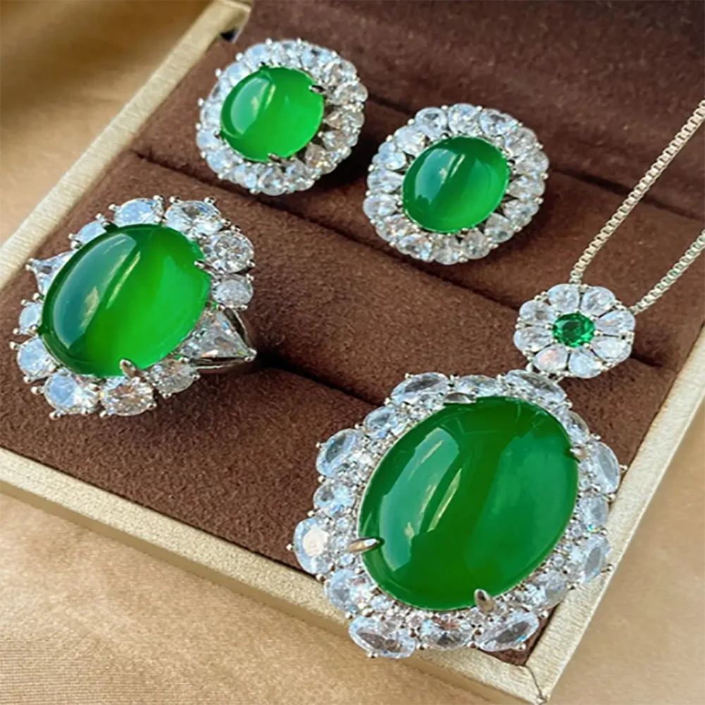 

Luxury Jewelry Set for Women’s Color Gorgeous Chrysoprase Necklace Earrings Adjustable Ring Wedding Bridal Jewelry