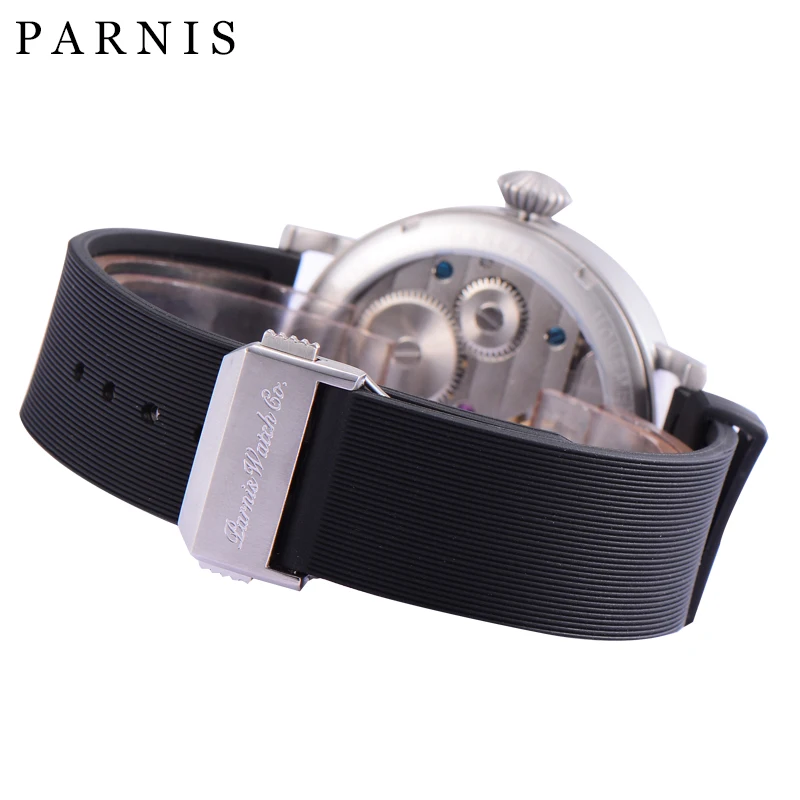 Fashion Parnis 46mm Silver Case Mechanical Watches Hand Wind Men Wristwatch Leather Strap mechanische uhren 2024 Man Gift Clock