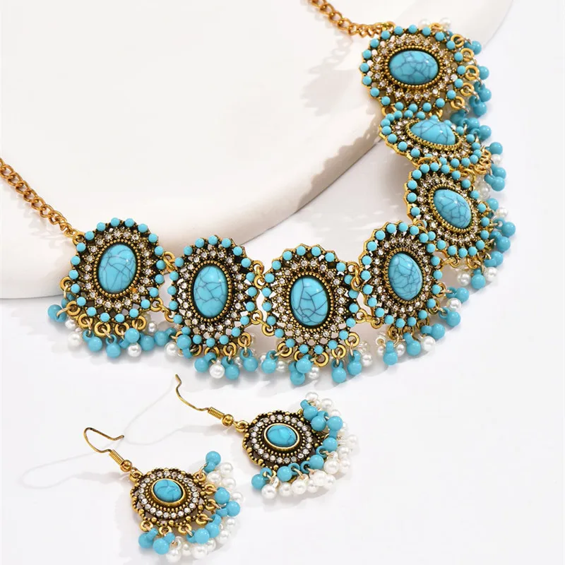 Vintage Jewelry Set Ethnic Inlaid Turquoise Stone Match Daily Outfits Party Accessories Women\'s Necklace Earrings Sets