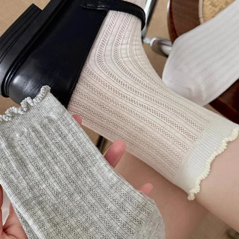 5 Pairs Cute Socks Women Solid Color Mesh Mid Calf Sock Wavy Edge Ballet Style Lightweight Breathable Summer Casual Women Socks