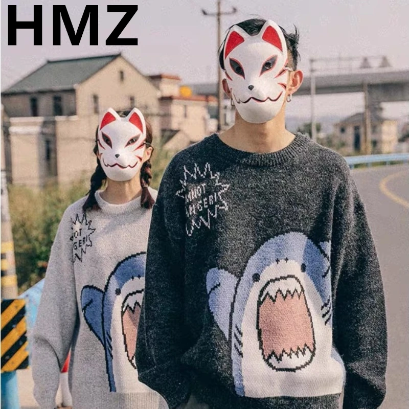 HMZ Couple Cartoon Shark Knitwear Sweater Winter Patchwork Harajuku Korean Style O Neck Oversized Grey Sweater Jumper For Men