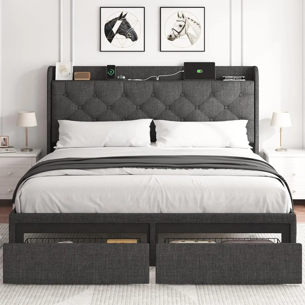 

Оправа для кровати королевского размера с изголовьем кровати и ящиками, фотовспышка с зарядной станцией, порты Type-C и USB, темно-серого цвета