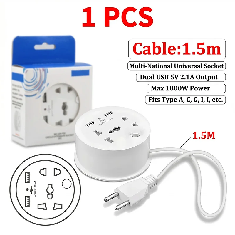 Universal Travel Power Strip EU Plug Adapter 1.5M Portable Extension Cord Compact USB Wall Socket Smart Charger Cable Management