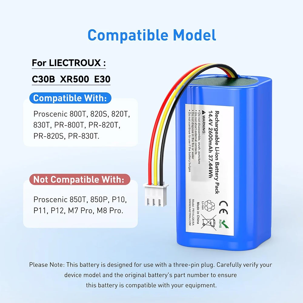 14.4V 2600mAh Replacement Battery for Proscenic 800T/820T/820S/830T/PR-800T/PR-820T, for LIECTROUX C30B XR500 E30 vacuum cleaner
