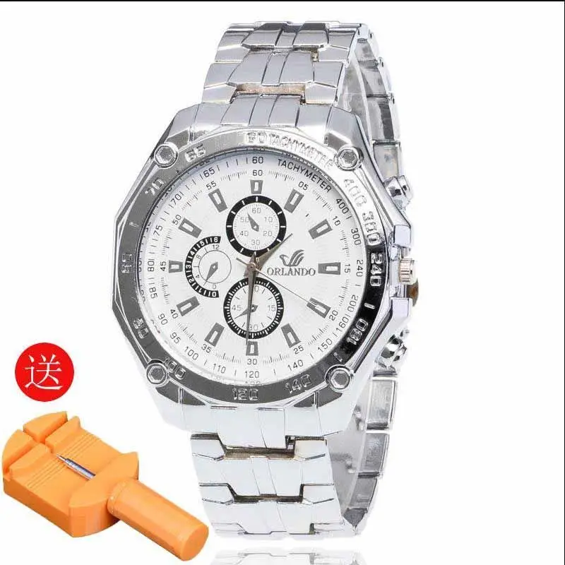 Fashion Trendy Round Watch Steel Belt Solid Student Men's Large Dial Waterproof Quartz Watch Retro Three Eye Watch Men's