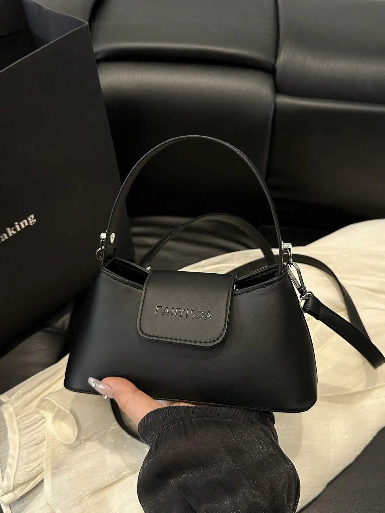 

Mini Solid Black PU Top-Handle Handbag with Flap Closure for Women