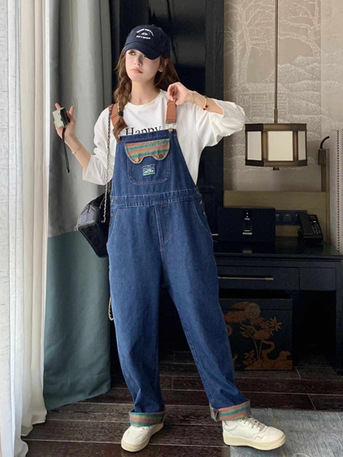 

Свободные женские джинсовые комбинезоны, весна-осень, новый корейский дизайн, повседневные длинные брюки с высокой талией, джинсовые комбинезоны для колледжа