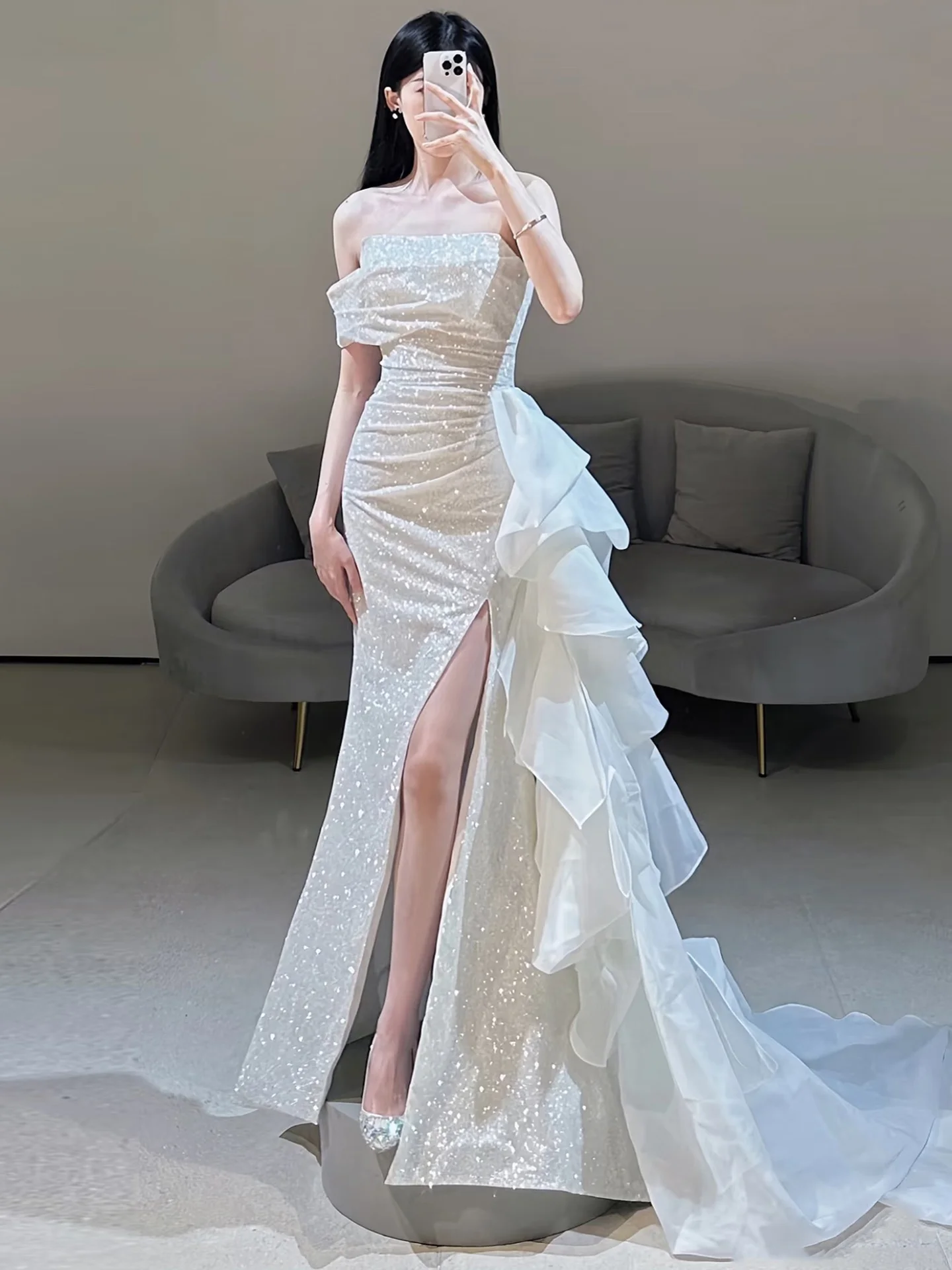 

One-oulder Evening Gown Fi-Tail Slimming Wedding Dr Korean Sle Beaded Mid-Waist Long Skirt for Women's Celebration
