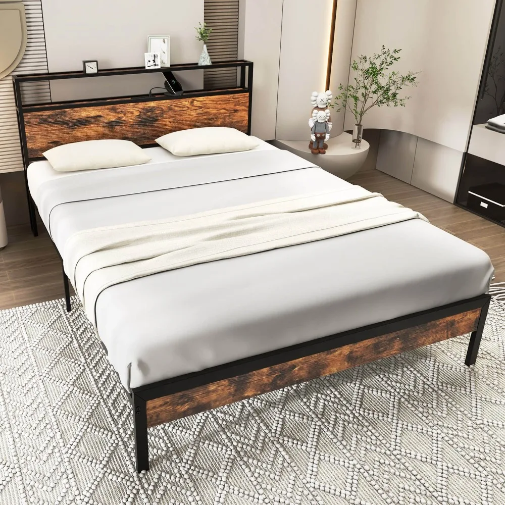 Queen Bed Frame w/ Storage Headboard Charging Station 18W USB C Port Brown