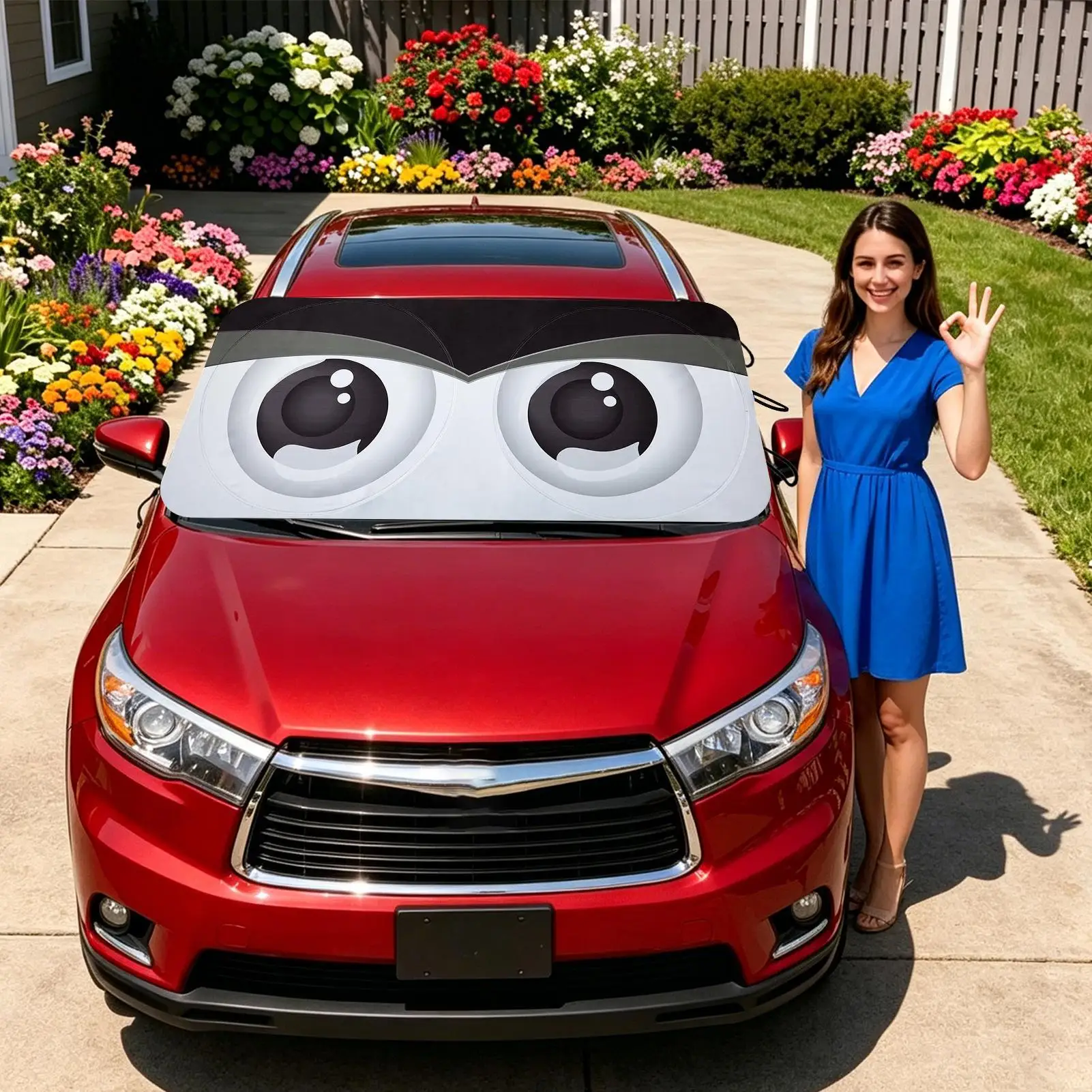 Windshield Sun Shade Funny Big Eye Foldable Thickened Car Window Shades Sun Screen For Vehicle SUV RV Sedan Pickup Van Trailer
