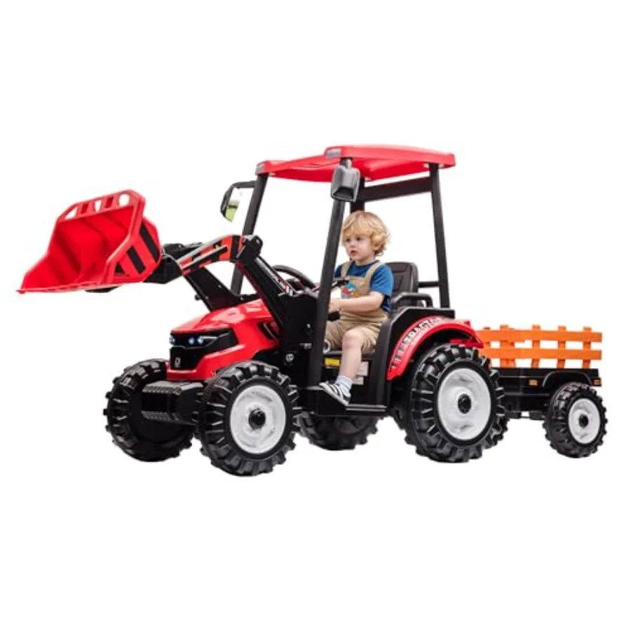 

Red 24V Ride on Tractor for with Trailer Front Loader 3-in-1 Electric Construction Vehicle Dual Motors All-Terrain Wheels LED L