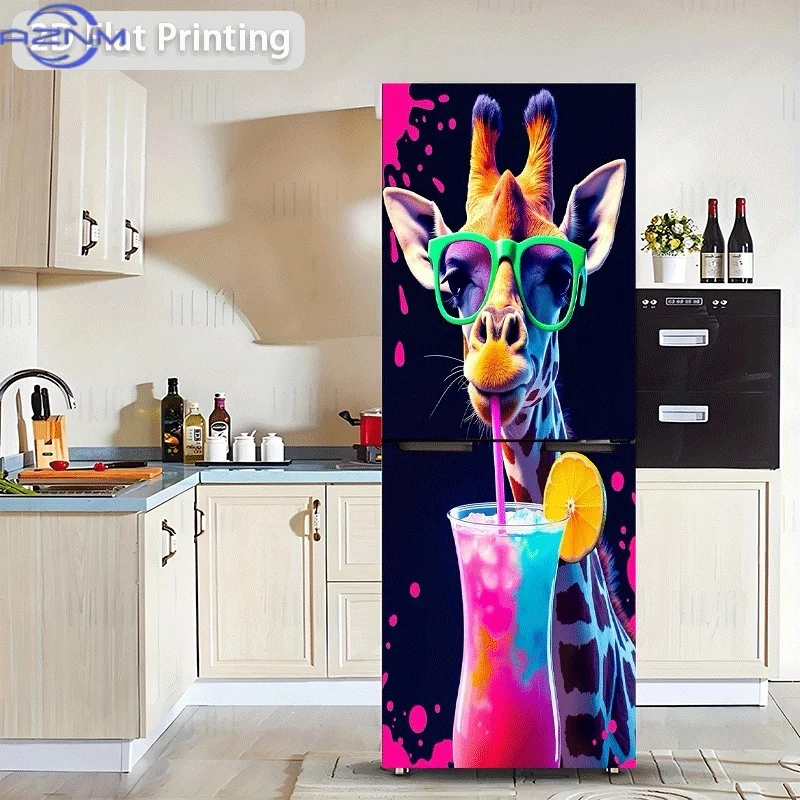 of Refrigerator Sticker Measuring 60X180 Cm Featuring a Giraffe Wearing Green Glasses Enjoying a Colorful Drink, Suitable for