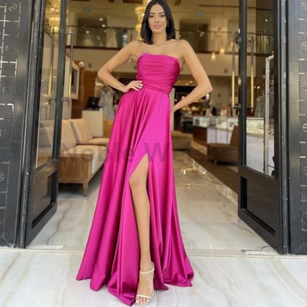 

Strapless Satin Prom Dress A-Line Floor-Length Elegant Evening Gown with Split Customize