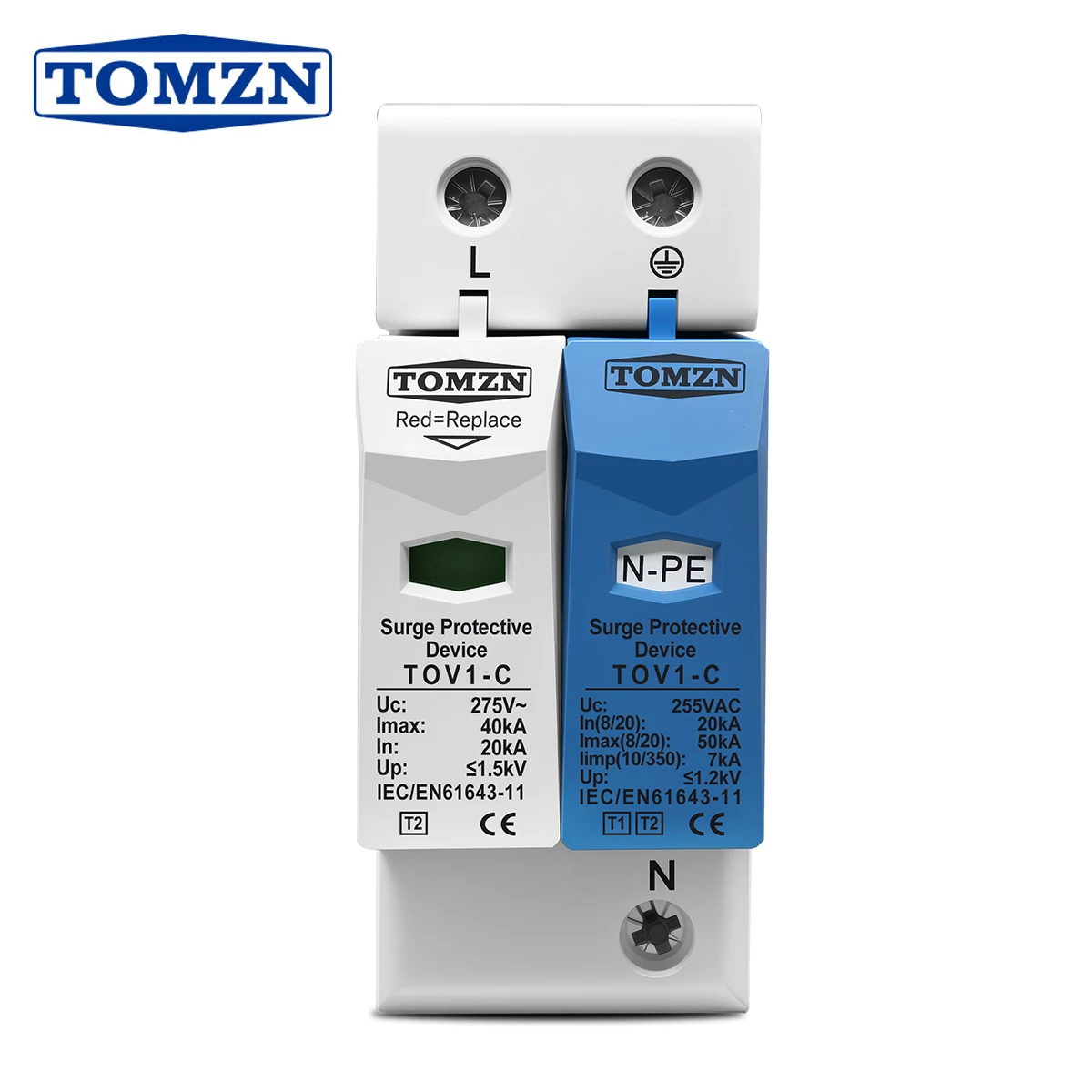 TOMZN AC SPD 1P+NPE 50kA T2 385V 255V  House Surge Protector Protective Low-voltage  Arrester Device