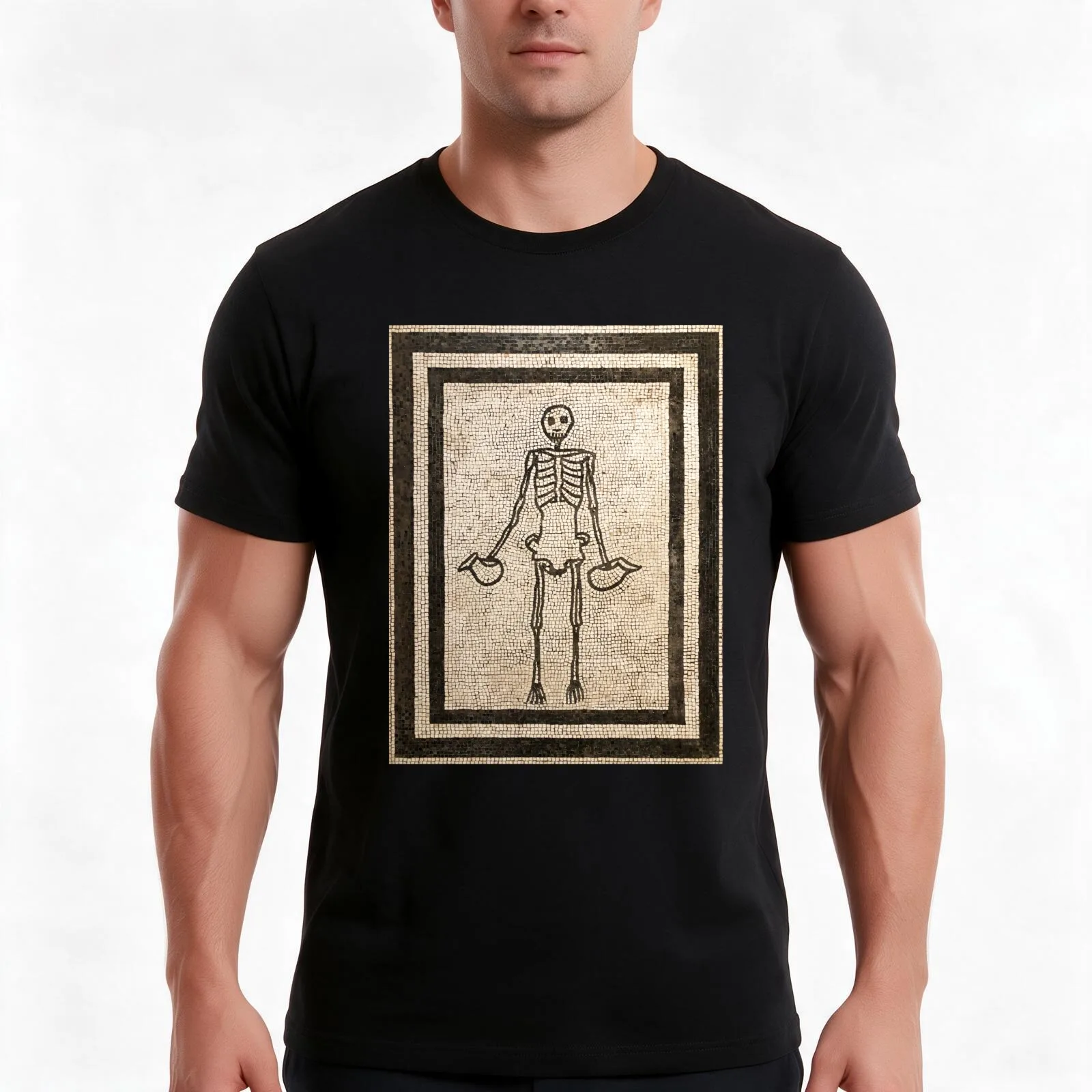 Roman mosaic from Pompeii showing a grinning skeleton holding wine jugs T-Shirt, Summer Casual Cotton Tee, Vintage Graphic Print