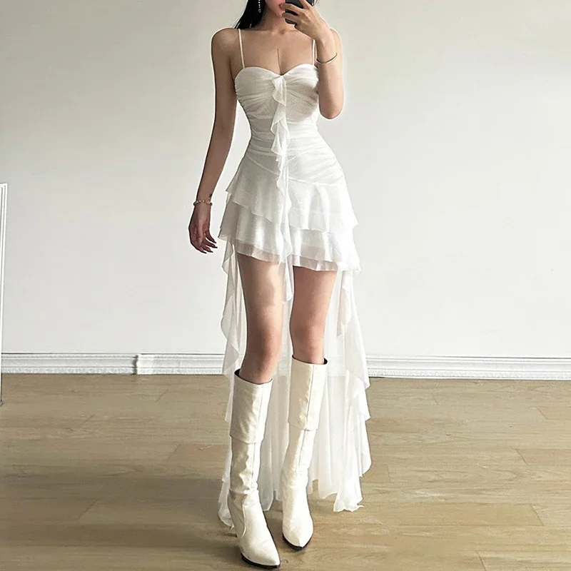 

Y2K Irregular White Midi Dress Women Gothic Sexy Spaghetti Straps Ruffles Black Dresses Summer Korean Red Bodycon Vestidos