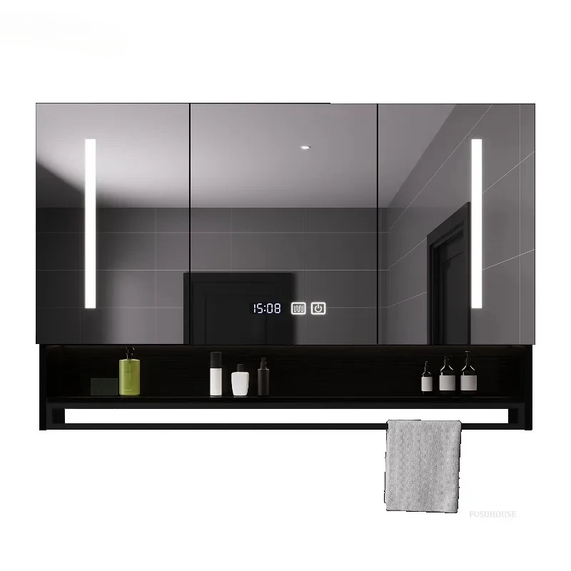 Solid Wood Smart Bathroom Mirror Cabinet With Light Defog Function Wall-mounted Bathroom Storage Cabinets