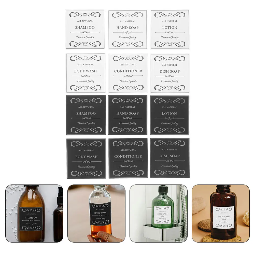 

12Pcs Waterproof Adhesive Bathroom Bottle Labels for Shampoo Conditioner Shower Gel Storage and Organization Laundry Labels
