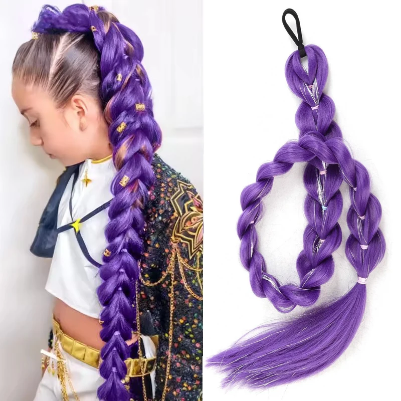 

32-дюймовый мерцающий металлический синтетический фиолетовый плетеный хвост | Удлиненный детский парик | Рождественские костюмы персонажей, легкая одежда -