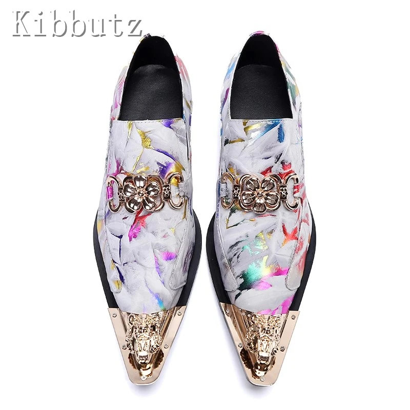 Zapatos de piel auténtica con estampado para hombre, calzado con punta puntiaguda, decoración de Metal, estilo británico, moda de lujo, fiesta, banquete, talla grande