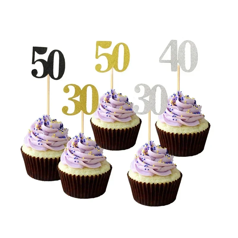 10pcs 30 40 50 60 Years Old Cupcake Toppers Adult Birtday Anniversary Party Decoration 30th 40th 50th 60th Dessert Cake Supplies