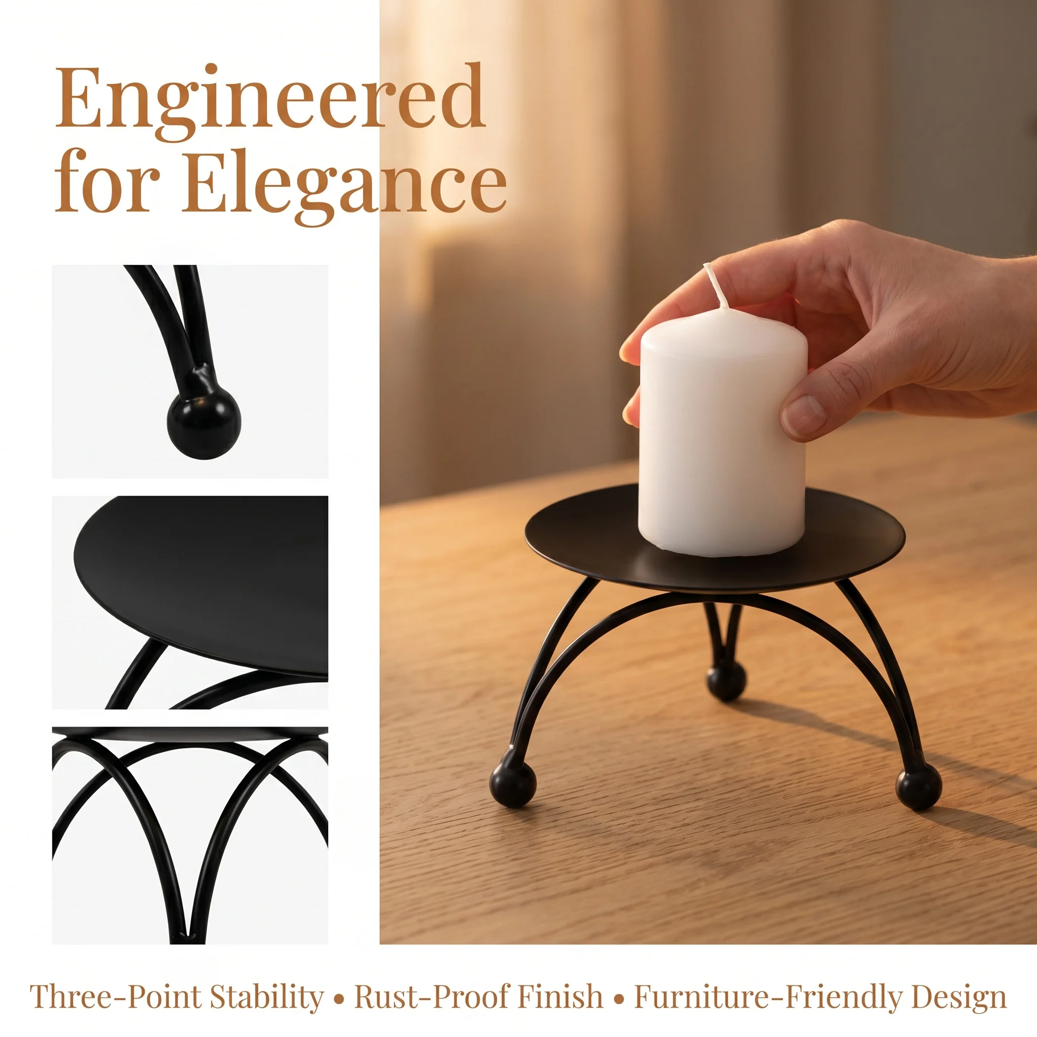 Minimalist Tripod Candle Holder Gold Black Stable Tripod  Pillar Candle Stand for Heat-Resistant Home & Wedding Tabletop Decor