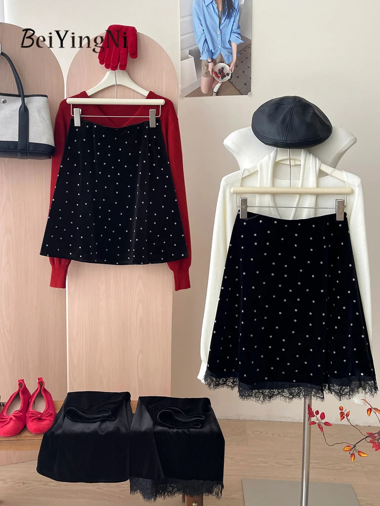 Beiyingni 2026 Winter Women's Velvet Skirts Dots Print Lace Patchwork Mini Skirt Female Senior Classy Casual Korean Black Faldas