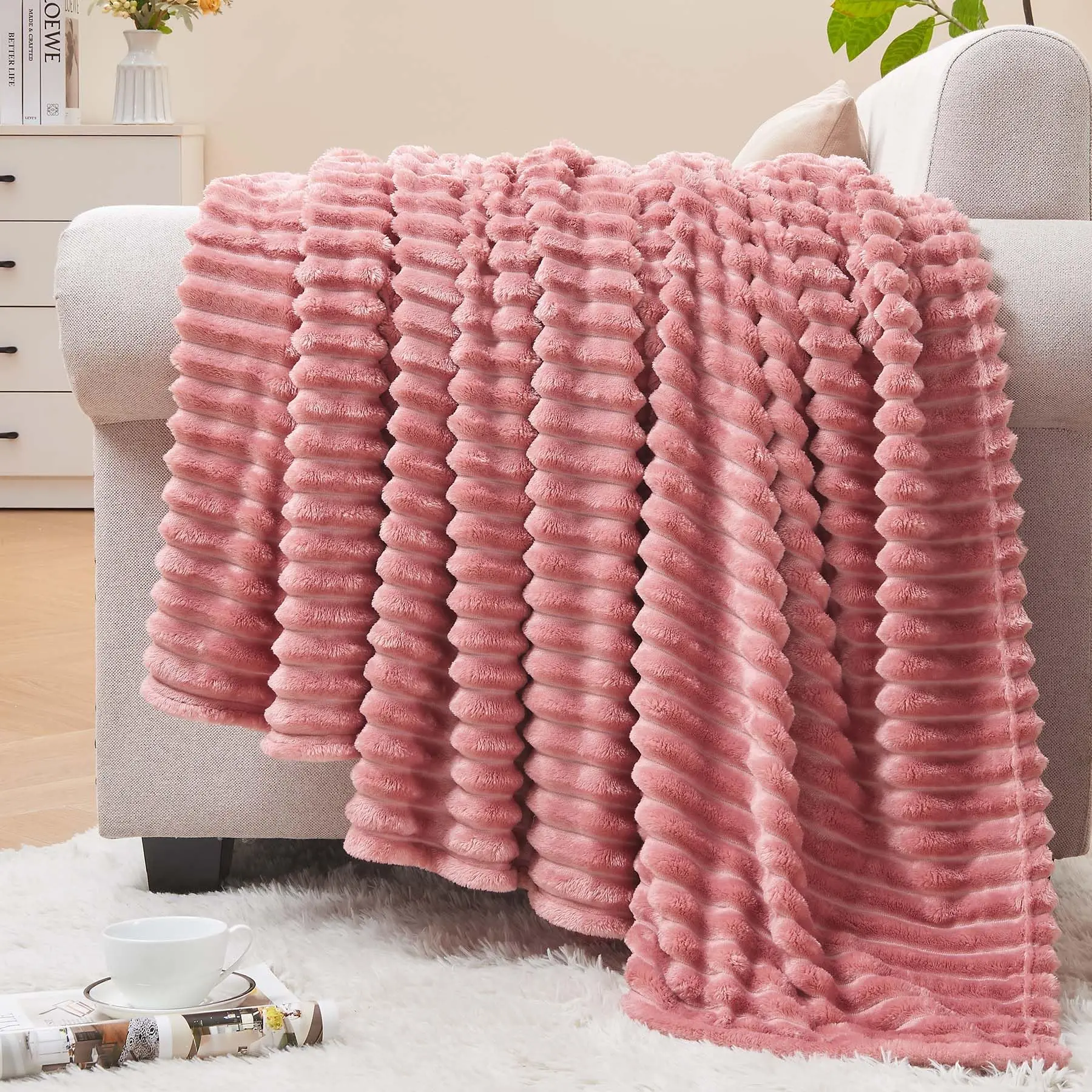 

Fleece Throw Blanket for Couch Ribbed Jacquard Soft and Warm Decorative Fuzzy Blanket – Cozy, Fluffy,Throw Blankets for Bed Sof
