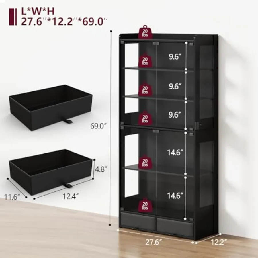 Glass Display Cabinet 69''H with LED Lights, 5-Tier Showcase with Drawers for Collectible Figures, Freestanding Curio Cabinet,