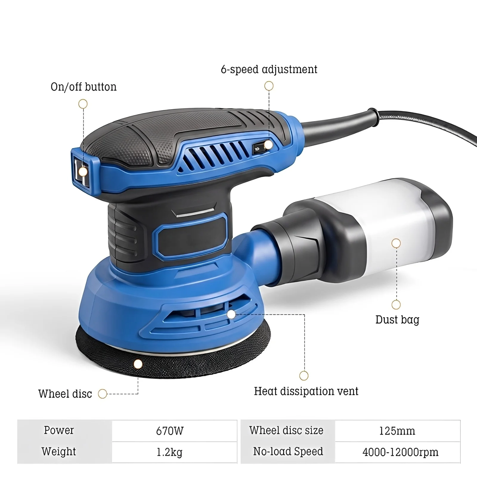 Orbital Sander 670W 4000-12000 RPM 6 Speed Random Variable Speed with 8 Hole Hook Loop Pad for Woodworking