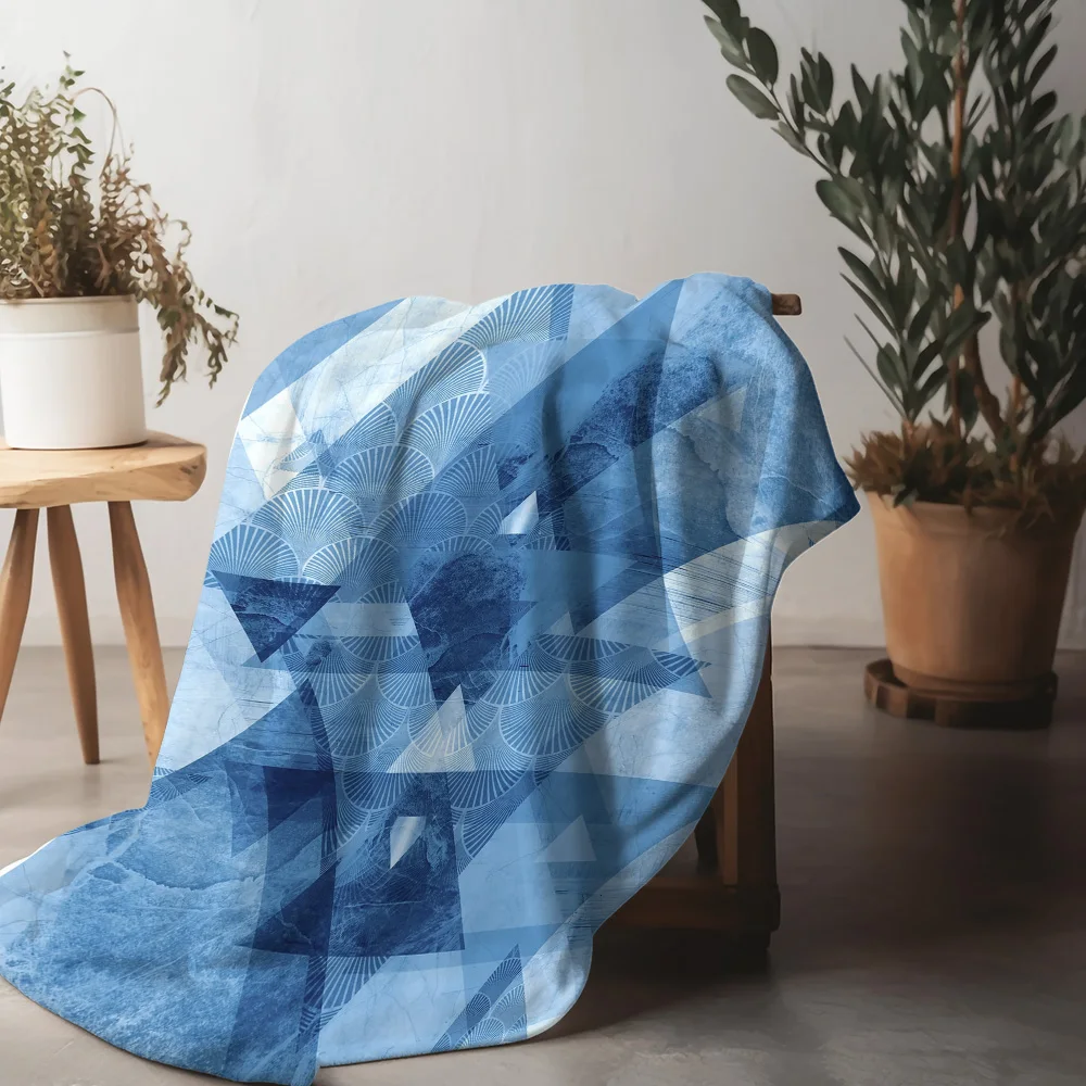 Blue Geometric Pattern Fleece Blanket - Abstract Triangle Design Throw Blanket for Sofa Bed Couch Gift