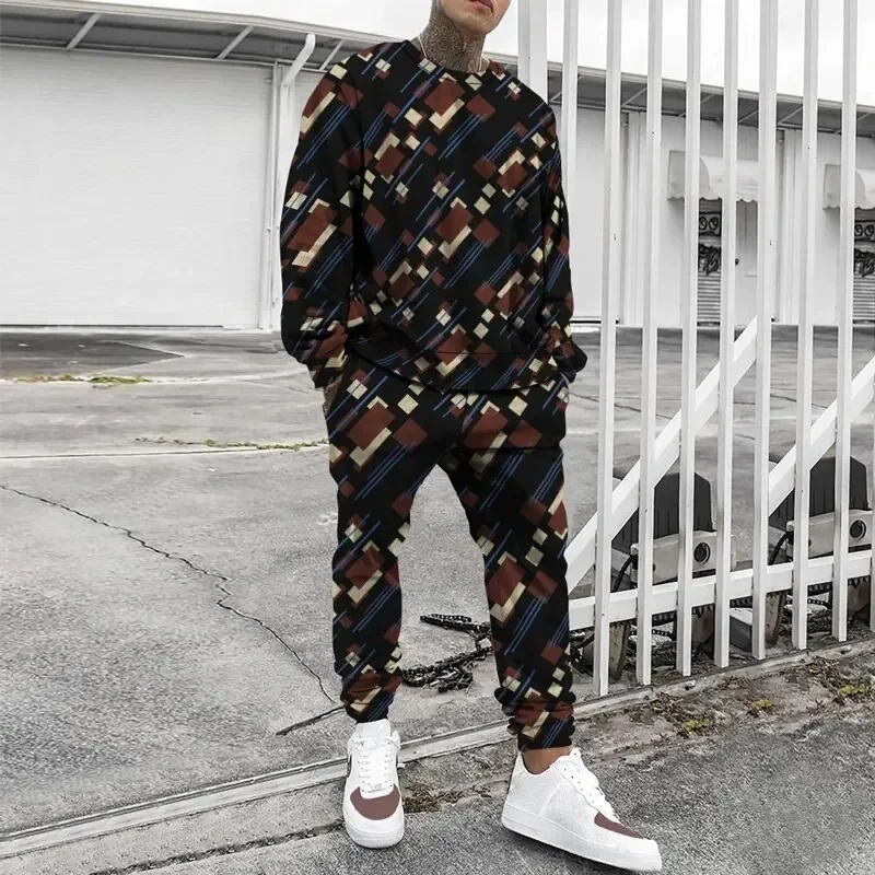 Men Spring Autumn Tracksuit Long Sleeve 3D Printing T Shirt+Pants 2 Piece Suit Streetwear Casual Oversized Pullover High-quality