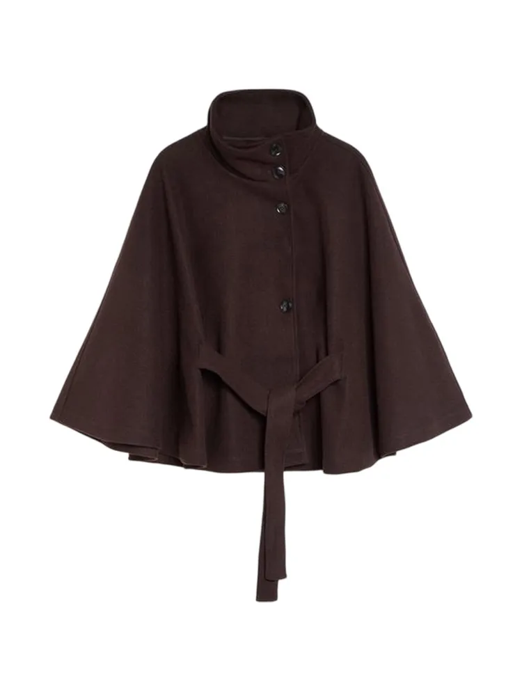 Women's Windbreaker Belted Cape Coat Oversized Jacket Stand Collar Top Autumn Single Breasted Loose Woolen Jackets Woman Clothes