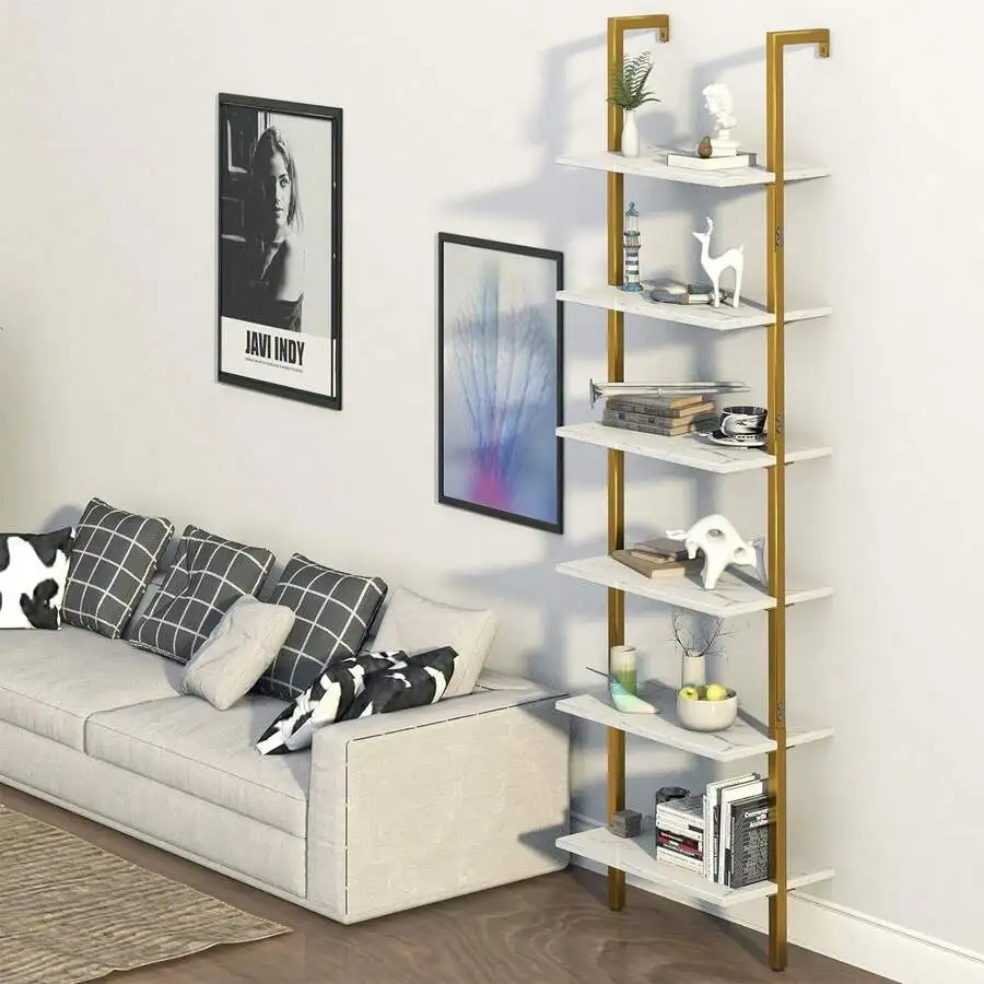 Ladder Shelf 6 Tiers Marble White Modern Bookshelf Open Tall Wall Mount Bookcase Standing Leaning Wall Shelves Industrial Decora